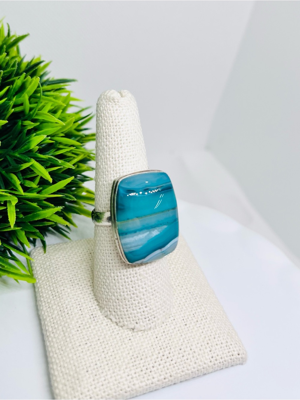 Botswana Agate Blue Ring with Banding Sterling Plated - Picture 2 of 6